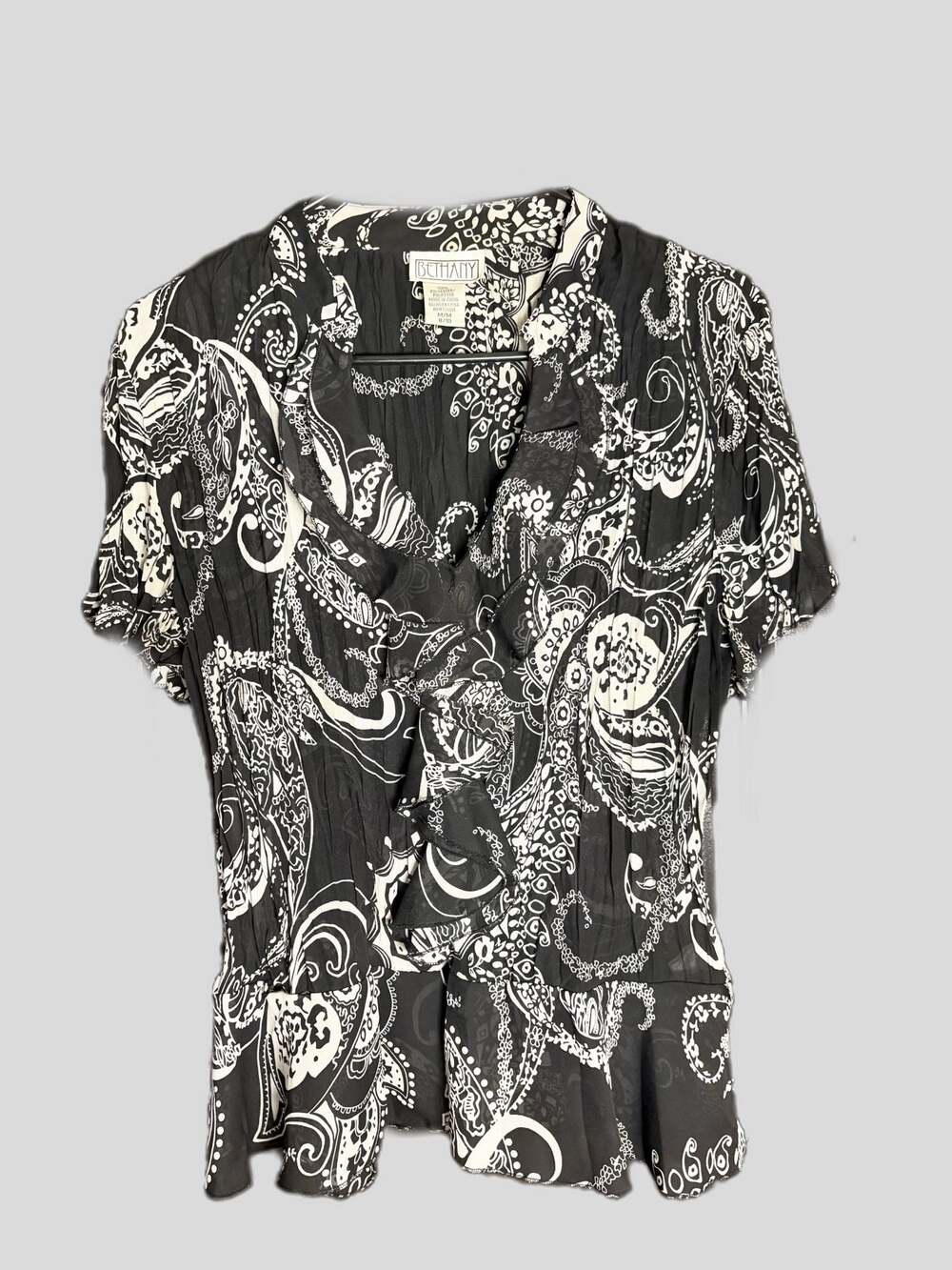 Bethany Black and White Paisley Print Ruffle Detail Blouse